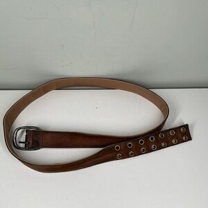 Men's Duluth Belt Brown Leather Tan Canvas Striped Size 46  style 41719  Y2K